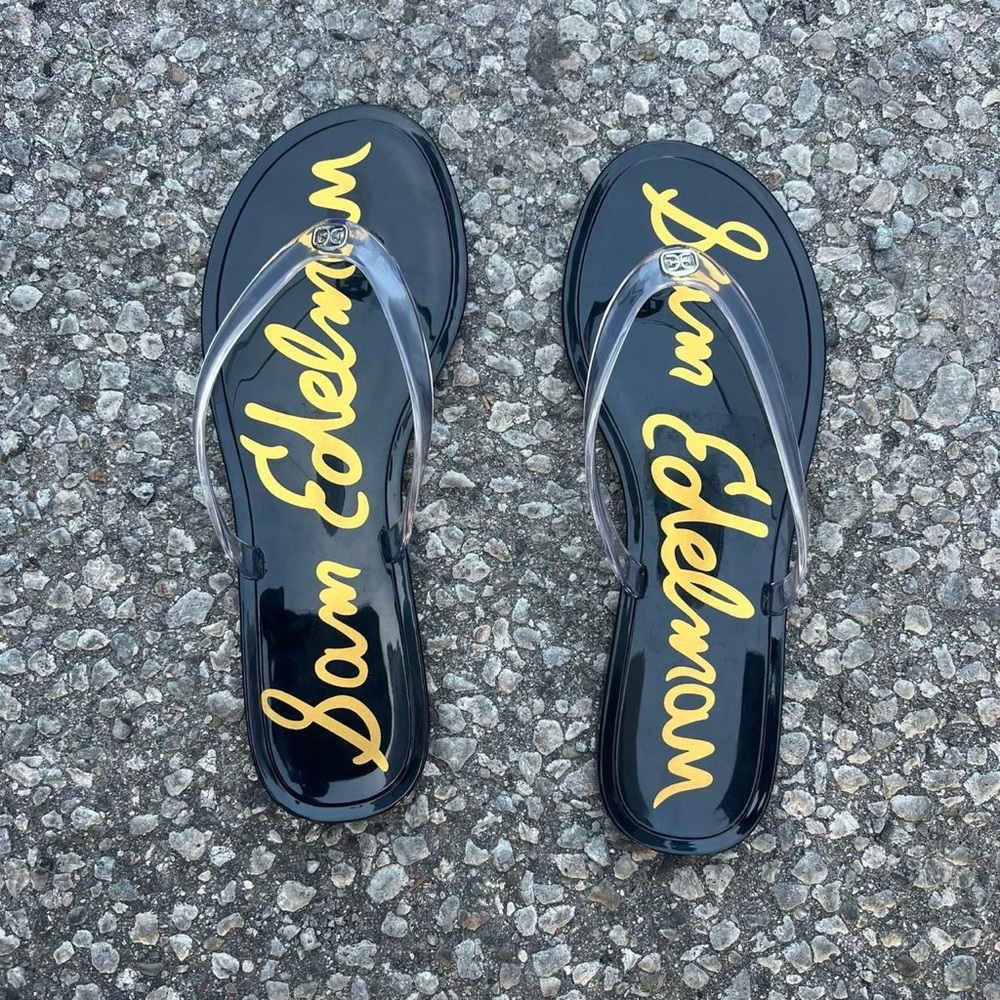 Sam Edelman Black Flip Flops with Gold Script